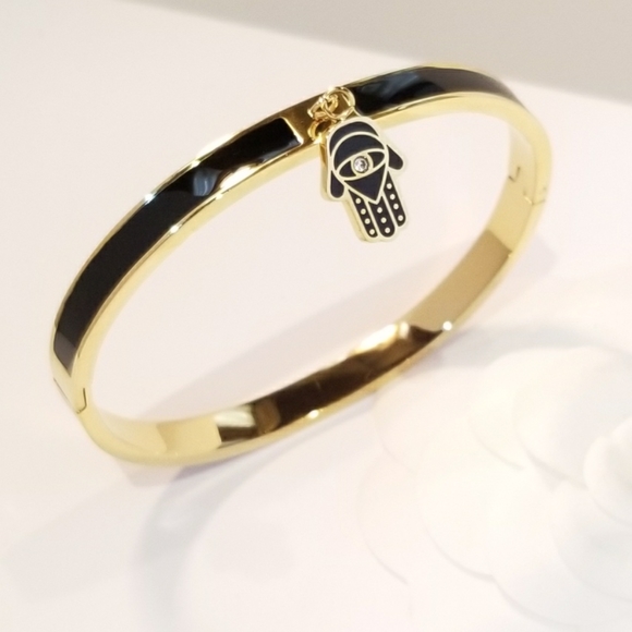 Black Enamel Hamsa 18K Gold Plated Bracelet Bangle - Picture 3 of 5